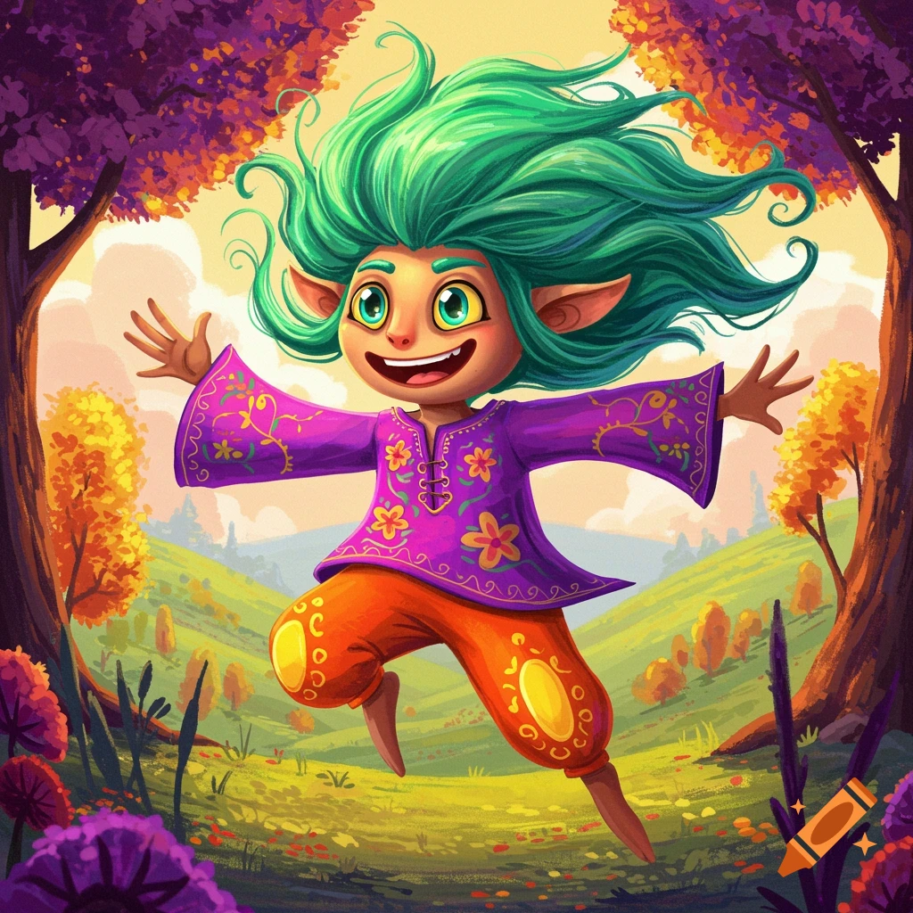 A cartoon character with green hair, purple shirt, and orange pants jumps happily in a colorful forest.