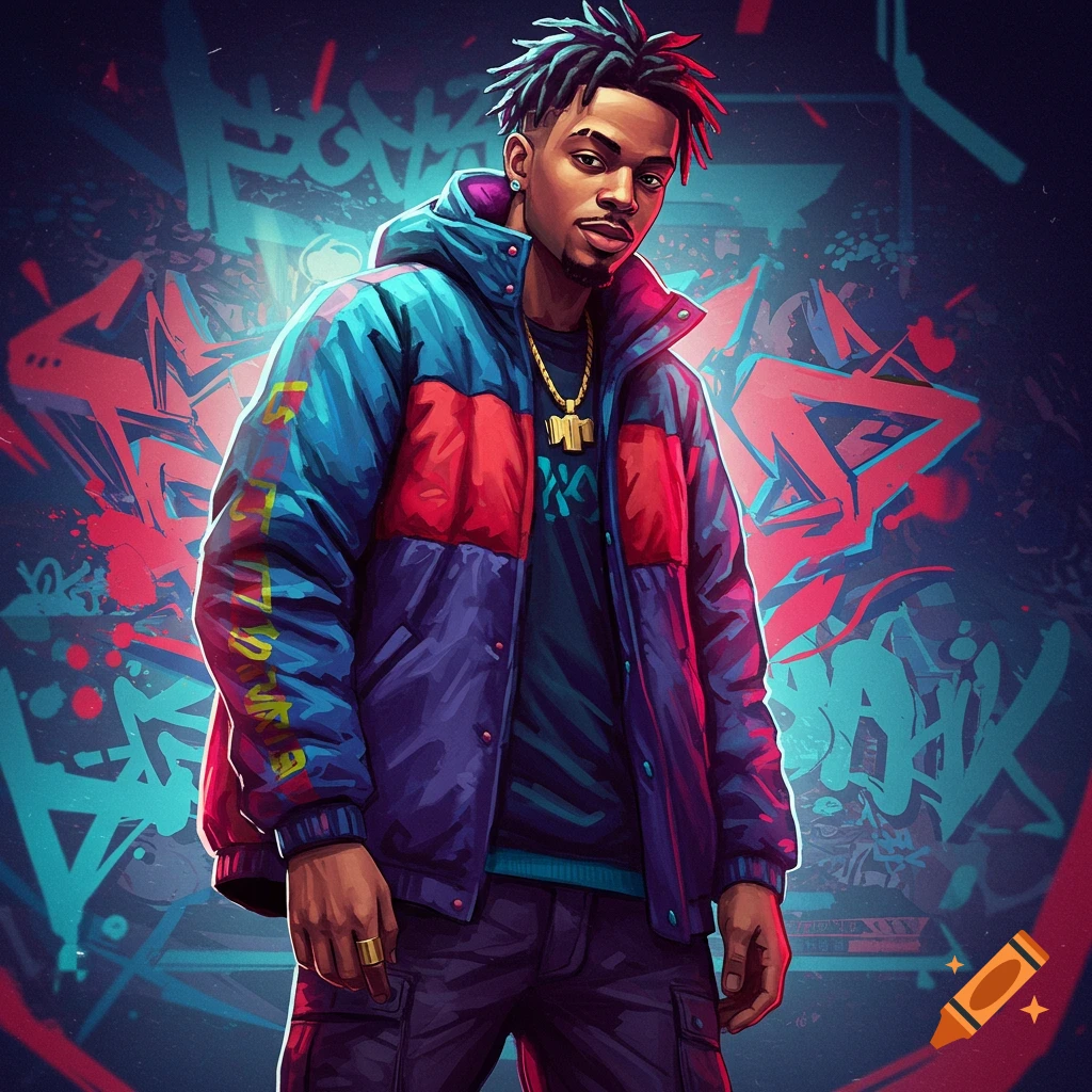 A man with dreadlocks wearing a jacket stands in front of graffiti.