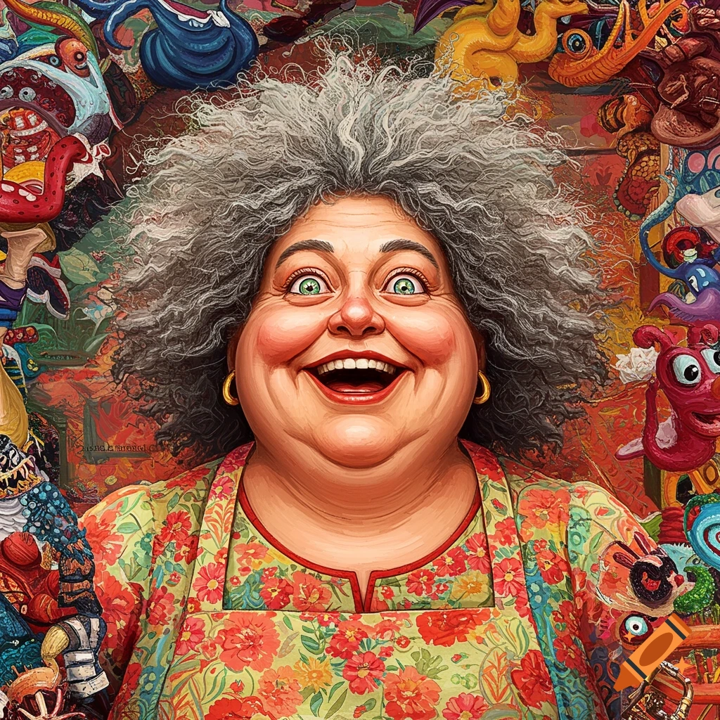 Smiling older woman with grey curly hair and a floral apron against a colorful, whimsical background of creatures.