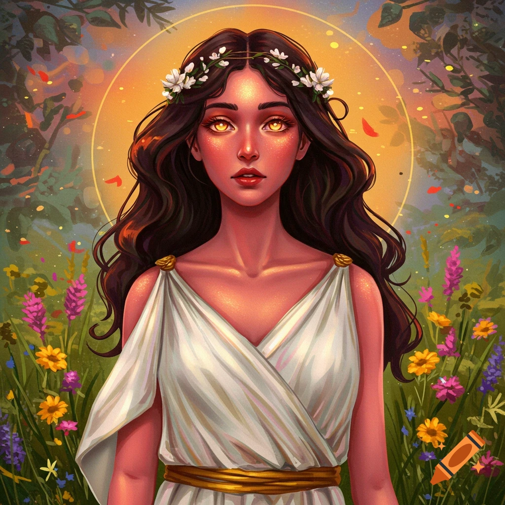 A woman with golden eyes and a flower crown is standing in a field of flowers.