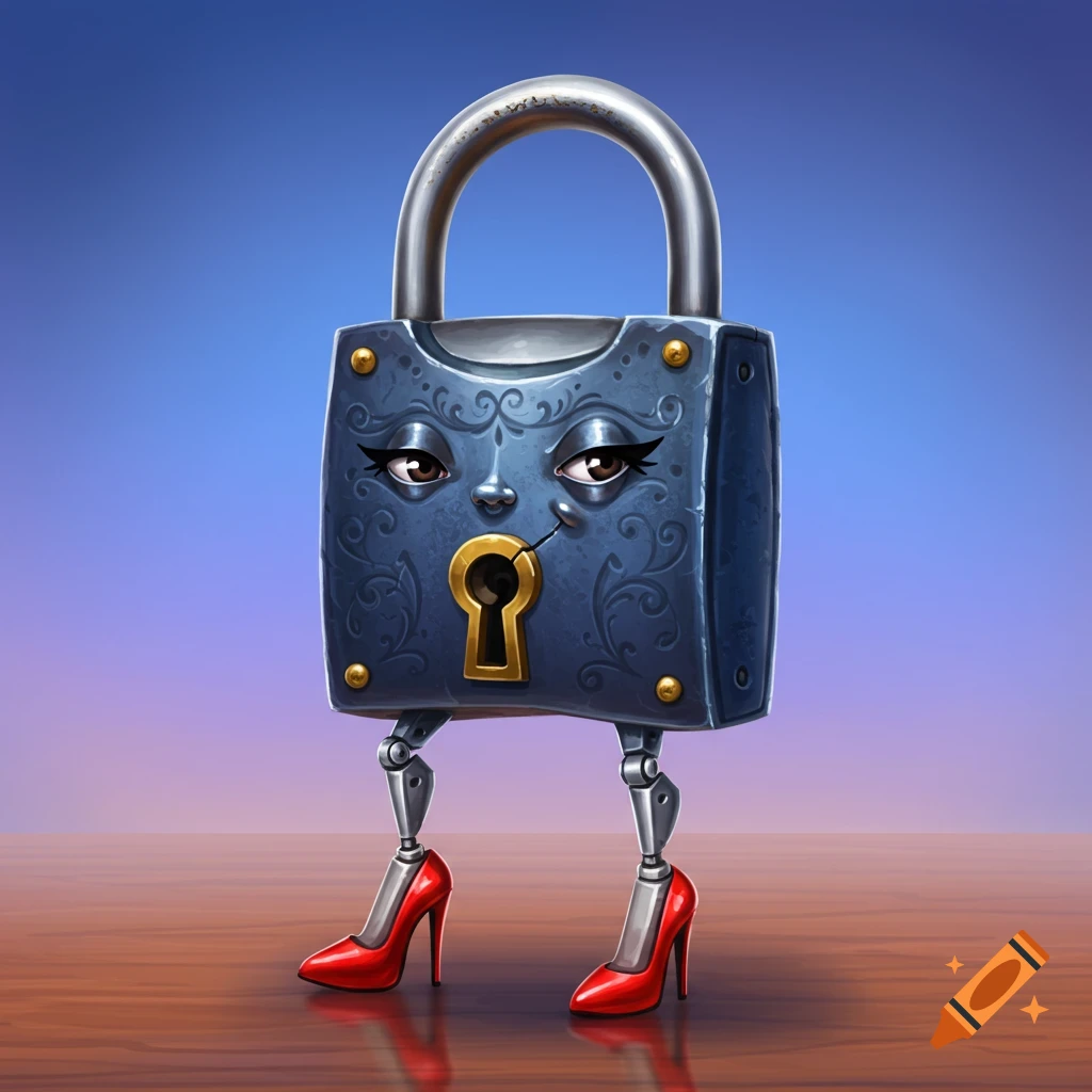 A padlock with a face and robot legs wearing red high heels.