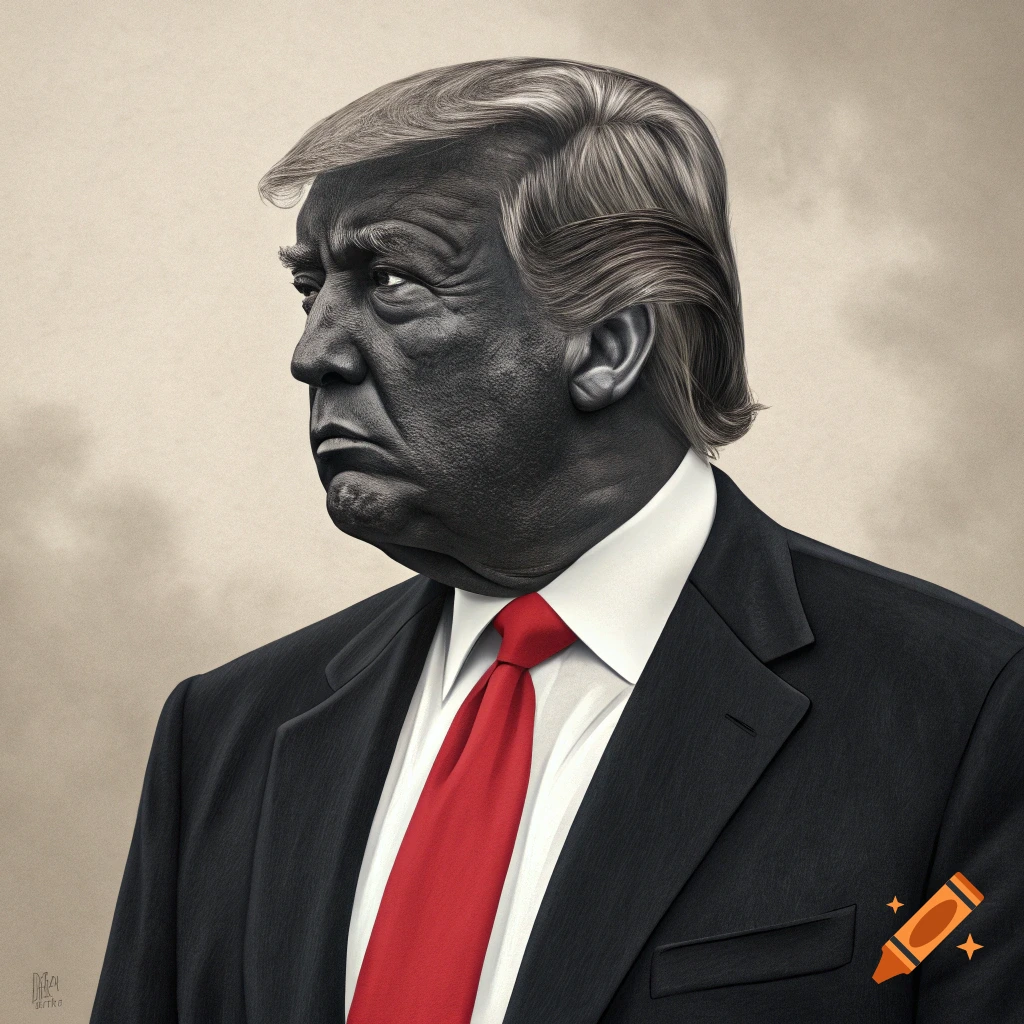 Portrait of a man resembling Donald Trump with dark skin, wearing a suit and red tie, looking left.