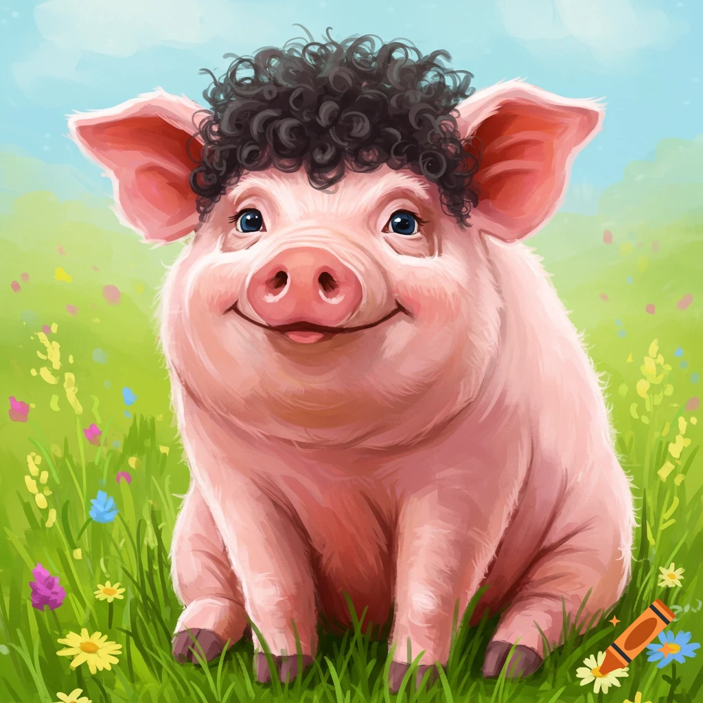 A smiling pink pig with curly black hair sits in a grassy field with colorful flowers.