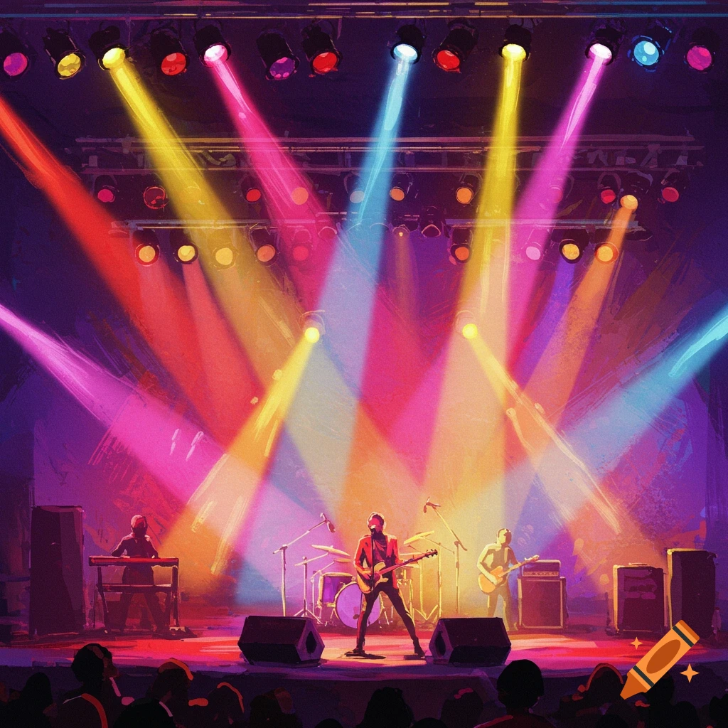 A band performing on stage under bright colorful spotlights.