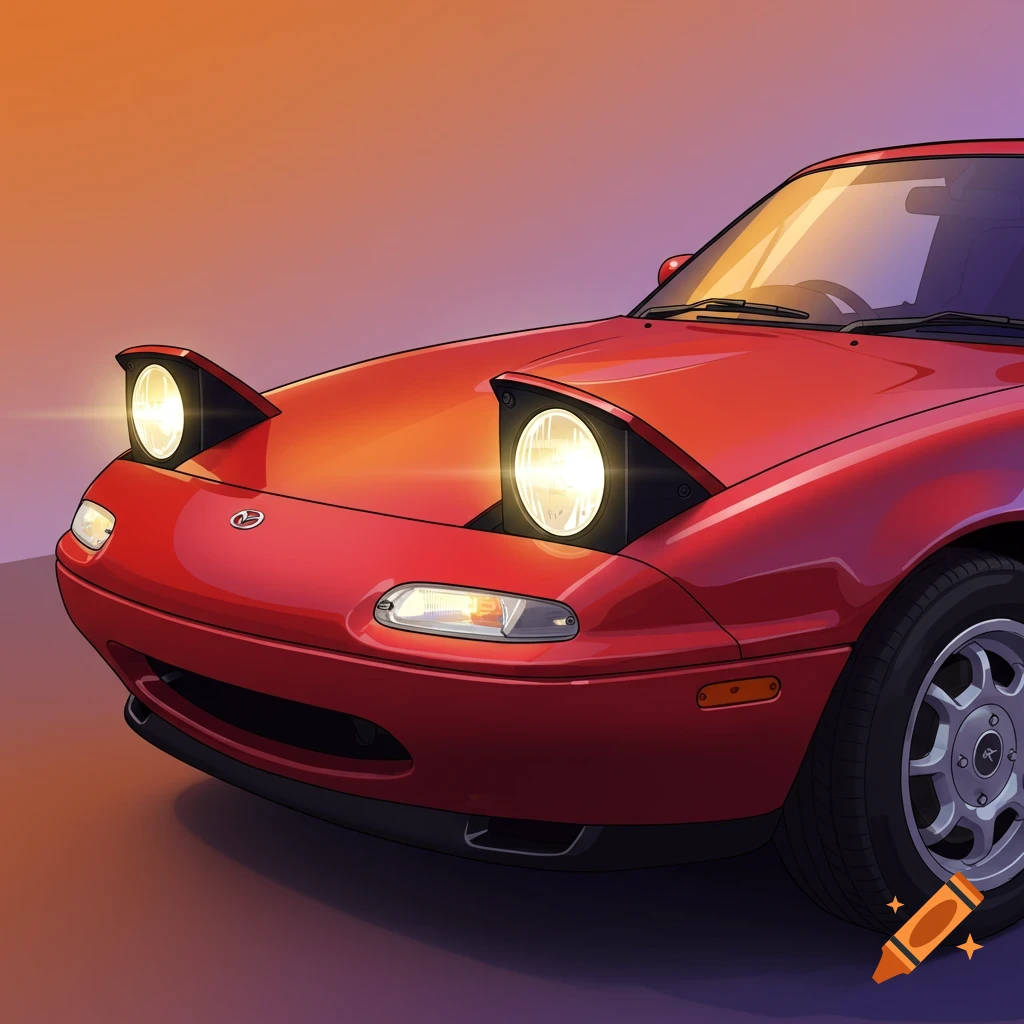 A red Mazda Miata with pop-up headlights raised
