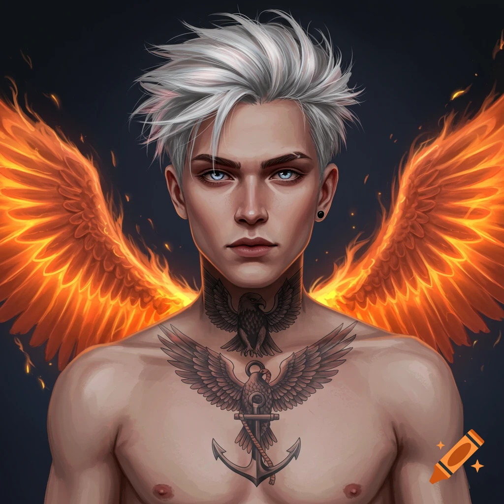 A young man with white hair, blue eyes, chest tattoos, and fiery wings.