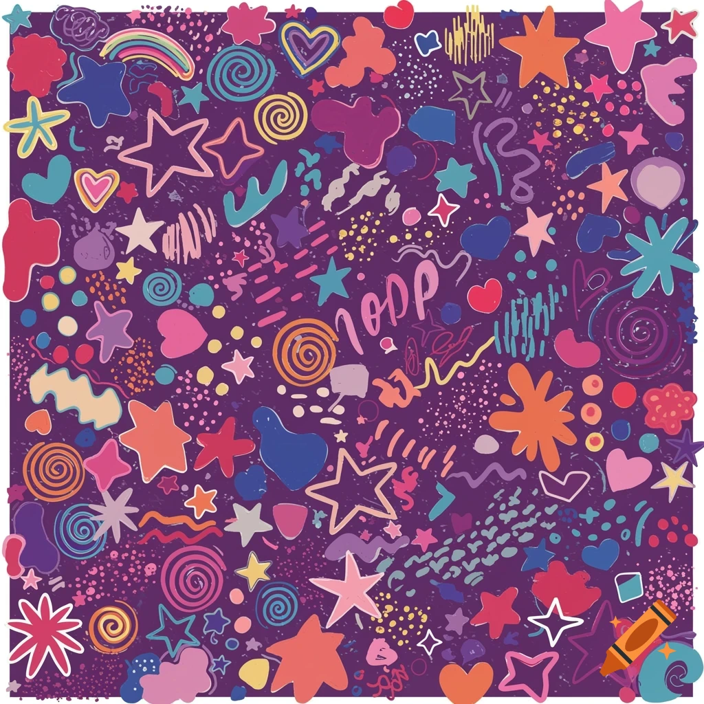 Colourful abstract pattern with stars, hearts, swirls, and doodles.