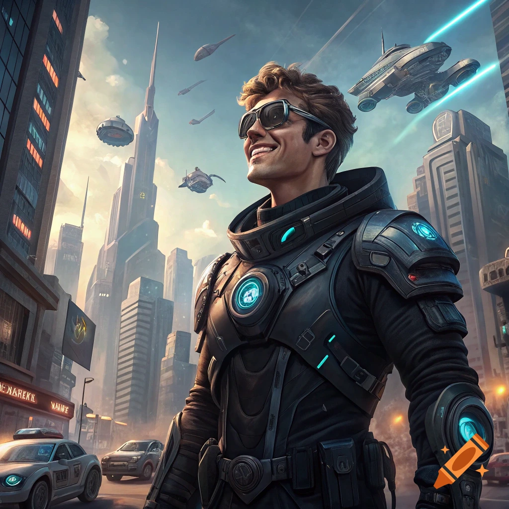 Man in futuristic suit smiling in a futuristic city with flying cars.