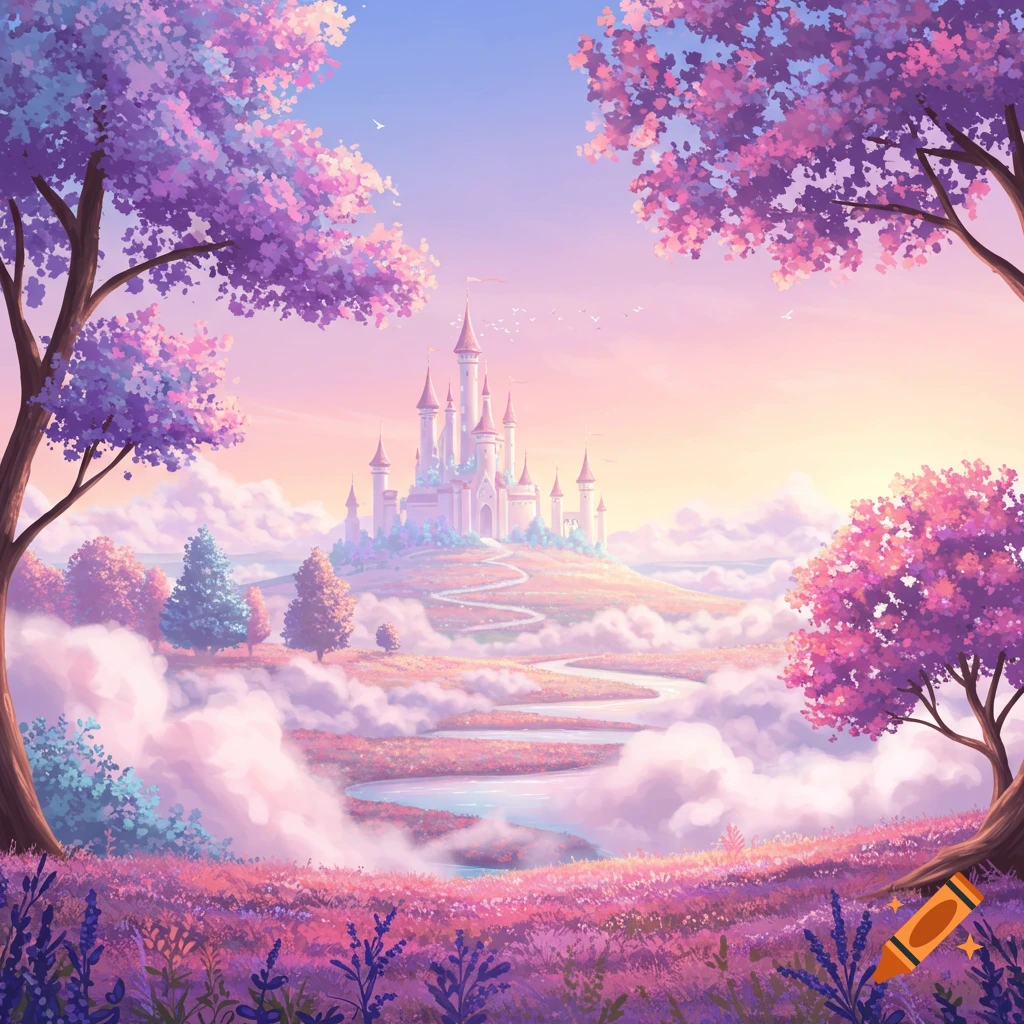 A pastel fantasy landscape featuring a majestic castle, a winding river, and vibrant purple flowers.