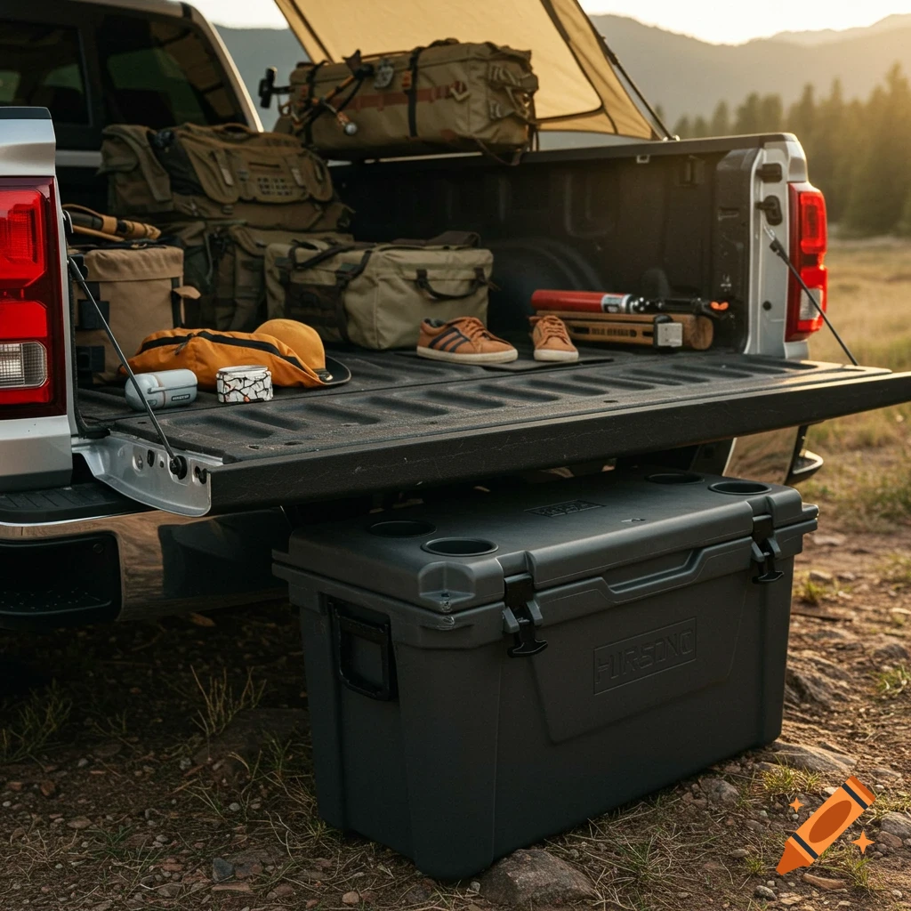 Close-up of a truck bed filled with camping gear and a cooler underneath.