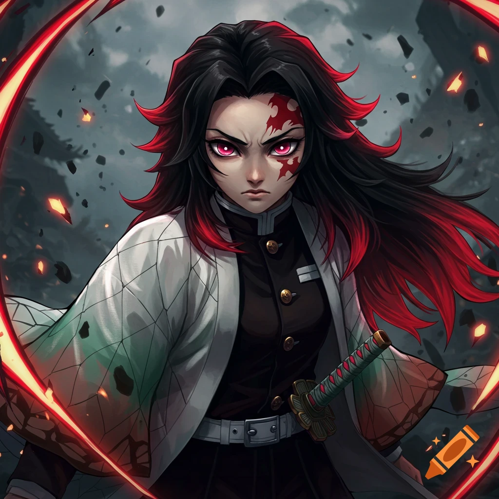 Anime character in Demon Slayer uniform with red-tipped hair and sword