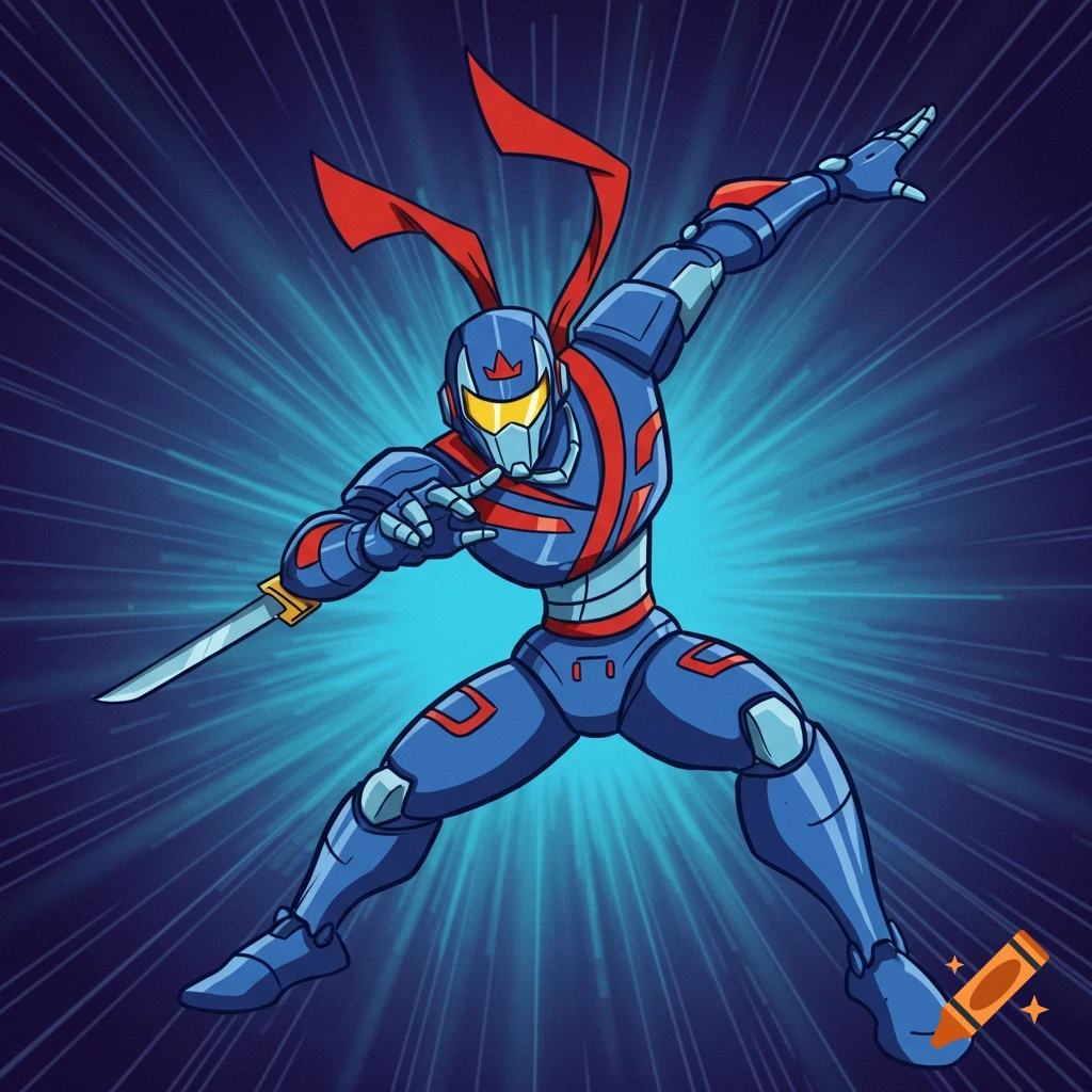 A blue and red ninja robot in an action pose with a sword against a blue background with speed lines, in a cartoon style.