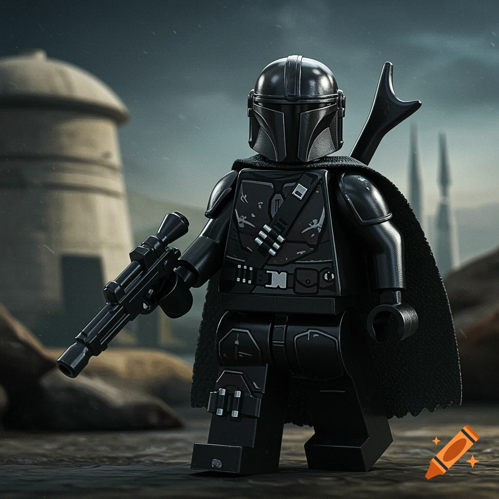 Black LEGO Mandalorian figure with a rifle standing in a gritty landscape.