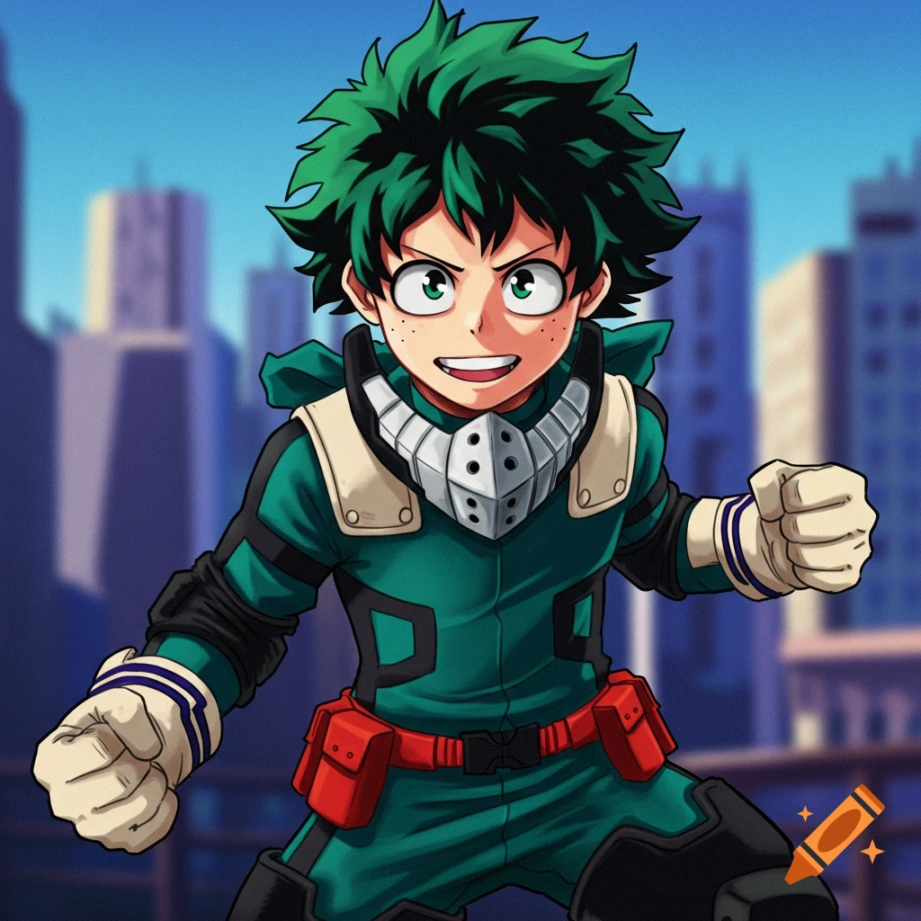 A young person with green hair and a superhero costume stands in front of a city skyline in an anime style.