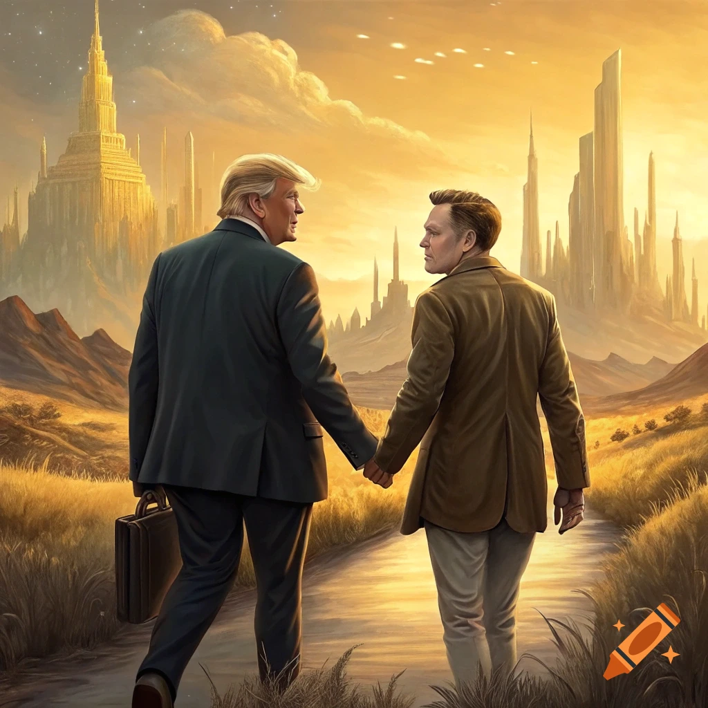 Donald Trump and Elon Musk walk hand-in-hand away from the viewer towards a golden fantasy city.