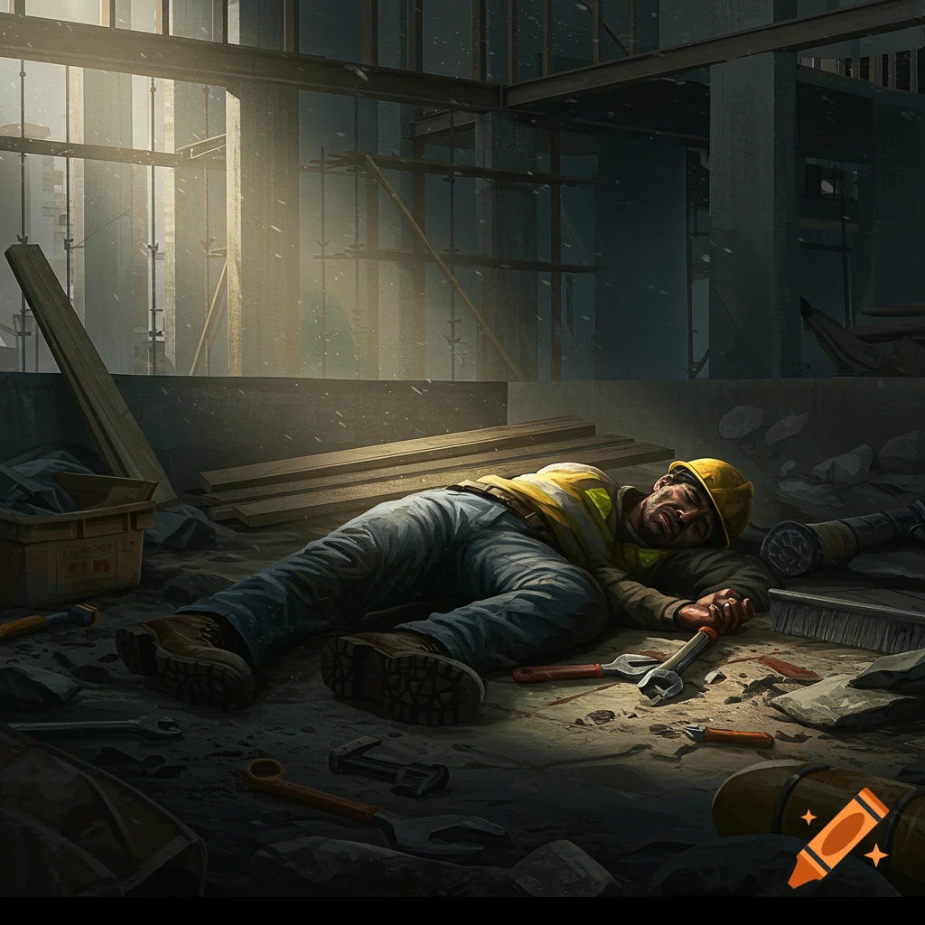 A construction worker lying on the ground surrounded by tools at a construction site.