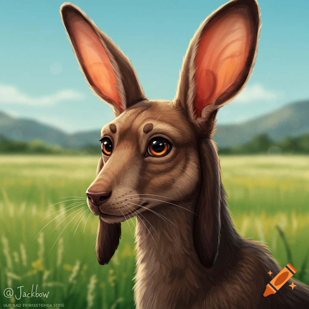 A jackrabbit and dog hybrid creature is in a grassy field.