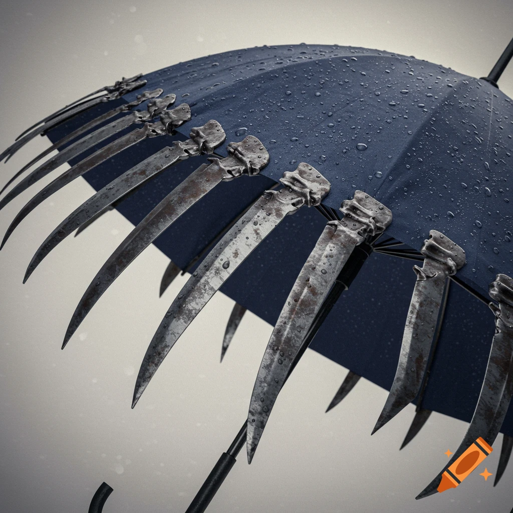 A close-up view of a dark blue umbrella with sharp, rusty metal blades covered in raindrops.