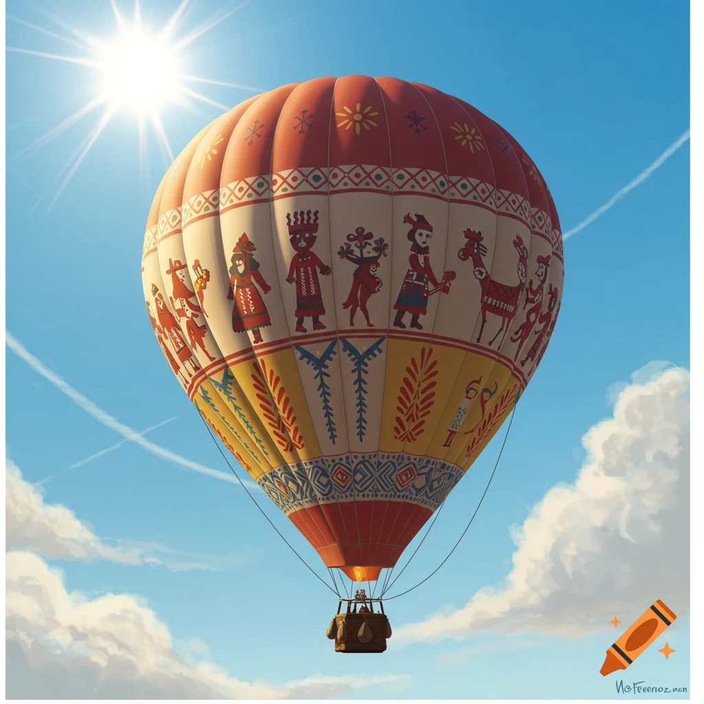 A colorful hot air balloon with folk art patterns flies in a bright blue sky.