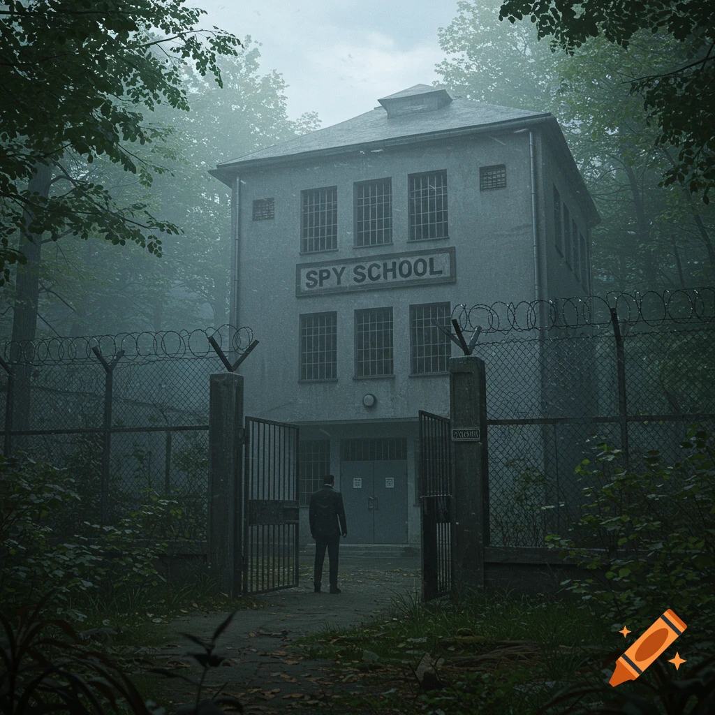 A figure stands before a building labeled "Spy School" in a foggy forest.