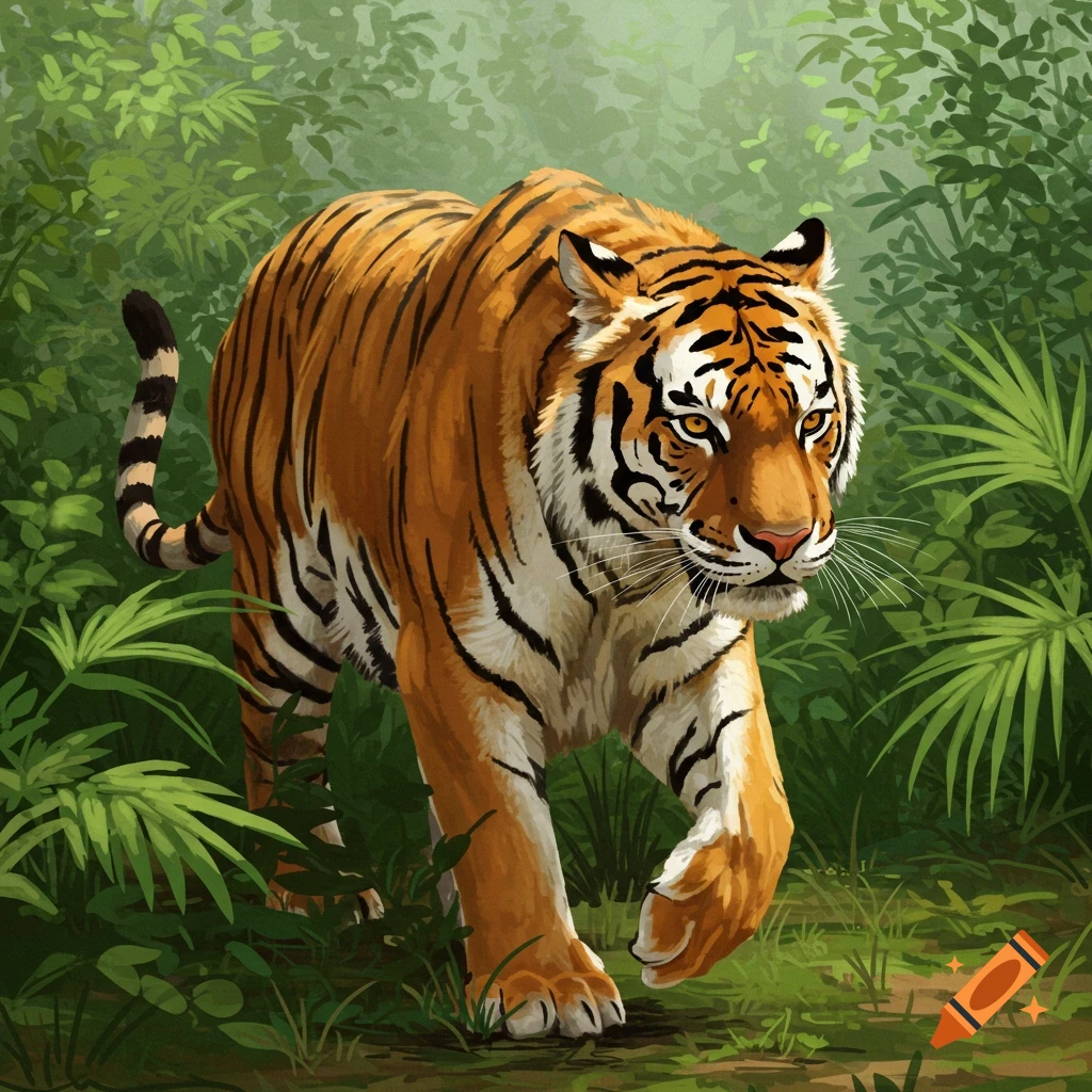 A tiger walks through a lush green jungle.