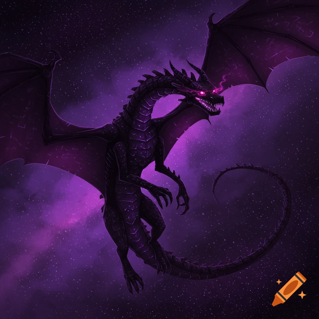A dark purple dragon with glowing eyes and spread wings flies through a starry purple nebula.