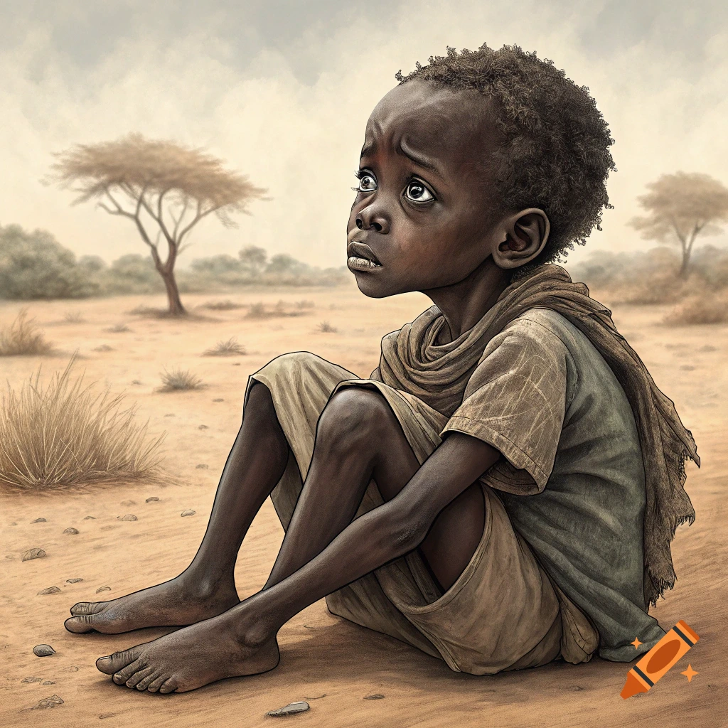 A sad African child sits in a dry landscape, looking upwards. Illustration style.