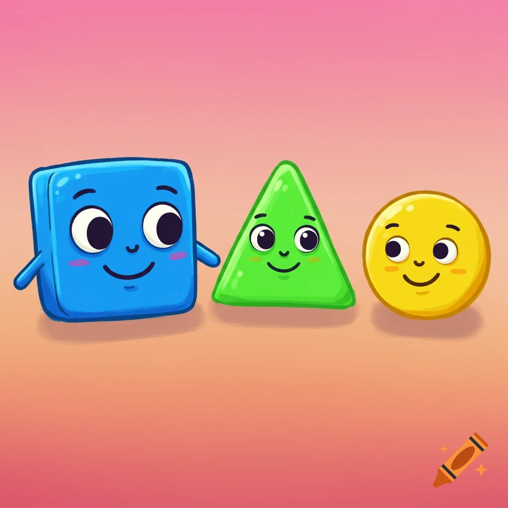 A blue square, green triangle, and yellow circle with cartoon faces stand together.