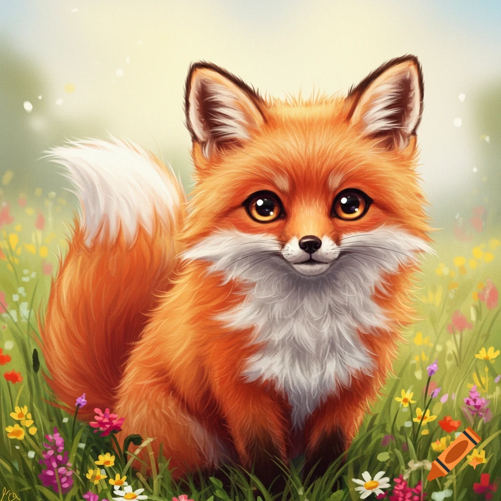A cute fox sitting in a field of colorful flowers