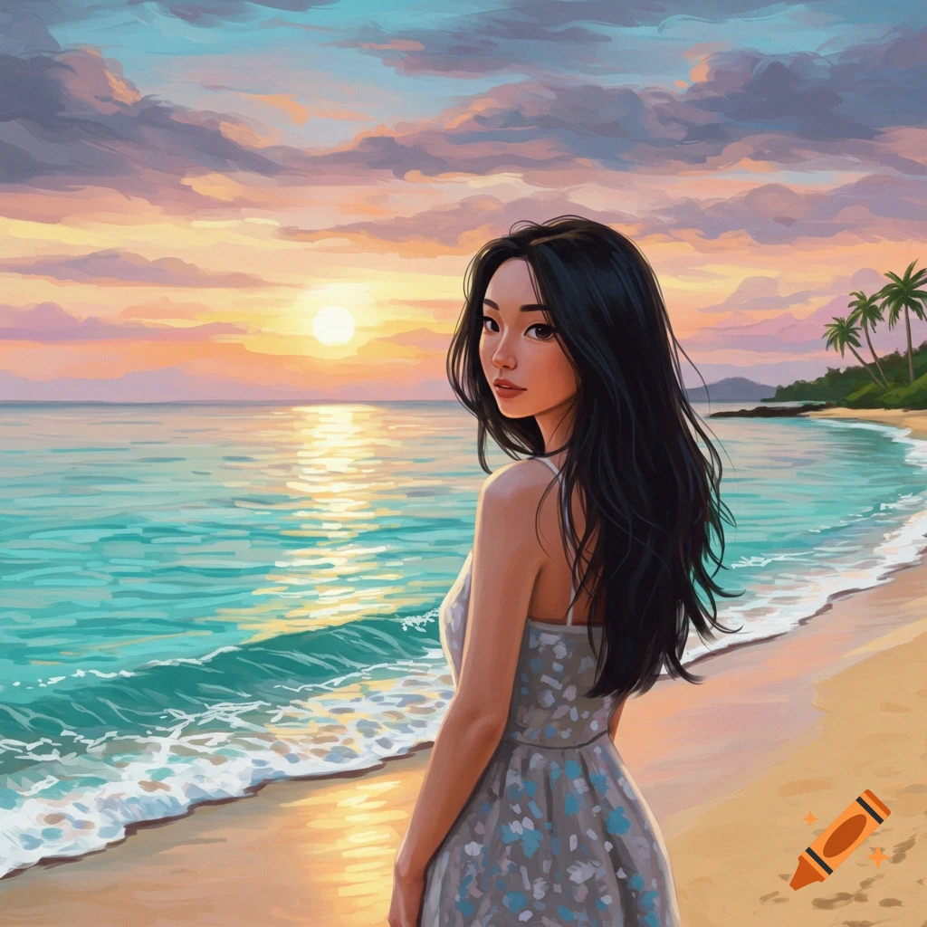 A woman stands on a beach at sunset.