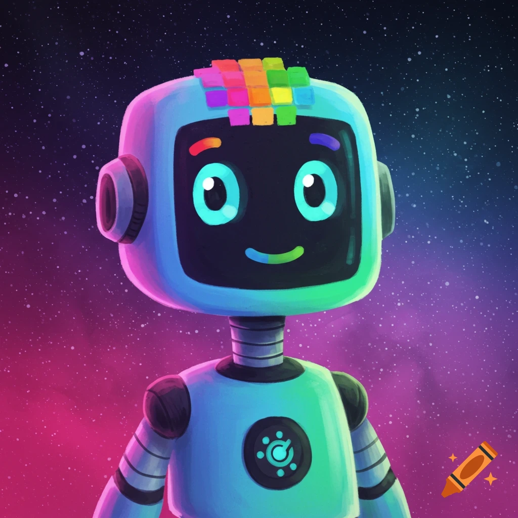 A friendly-looking blue robot with a rainbow colored headpiece against a vibrant starry background.