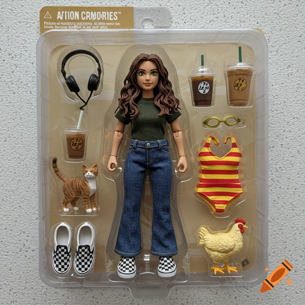Action figure of a woman with cat, headphones, coffee, swimsuit, chicken, and shoes in plastic toy packaging.