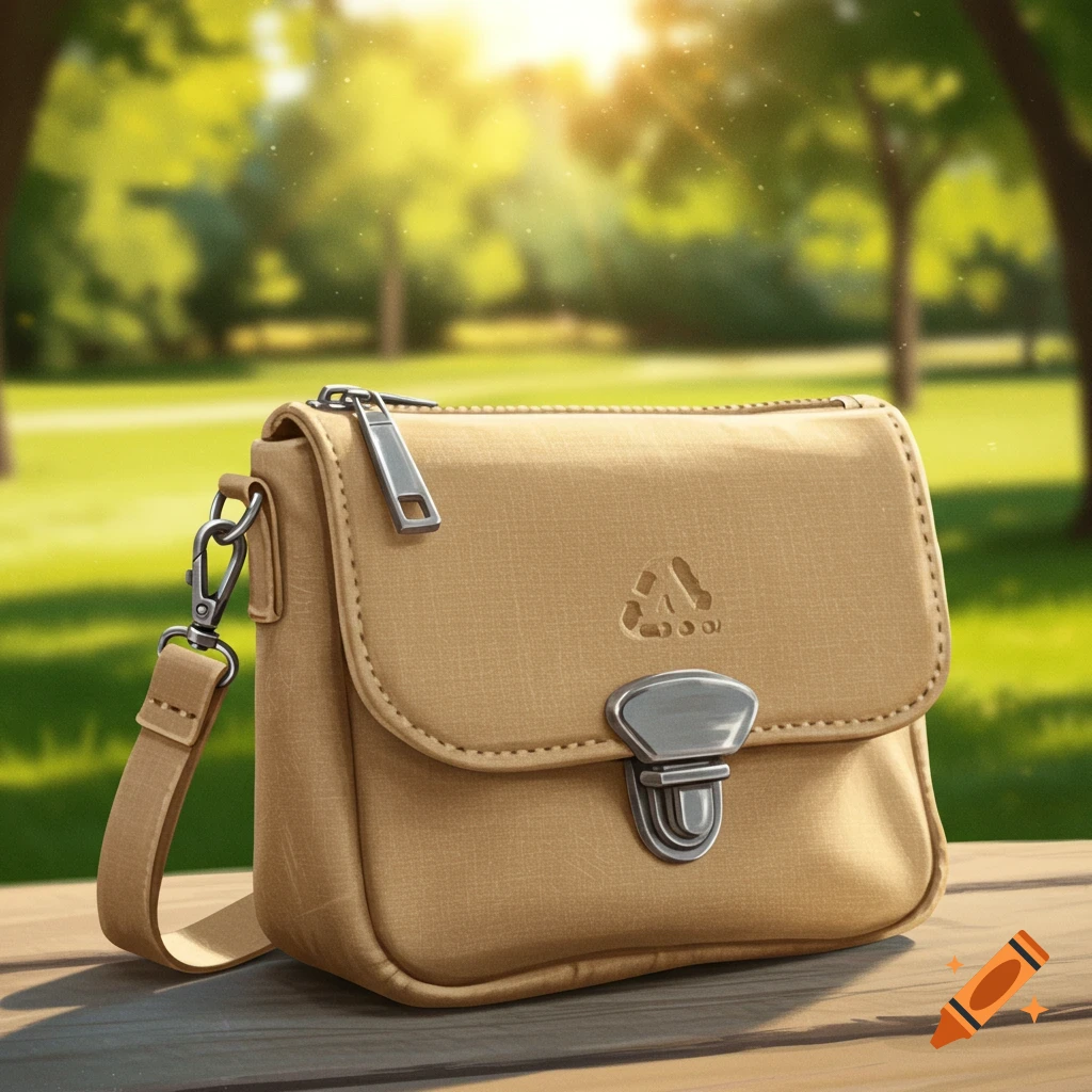 A stylish eco-friendly purse sits on a wooden table in a park with sunlight filtering through trees.