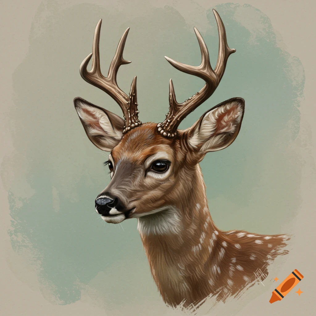 A deer head with antlers is shown against a textured background