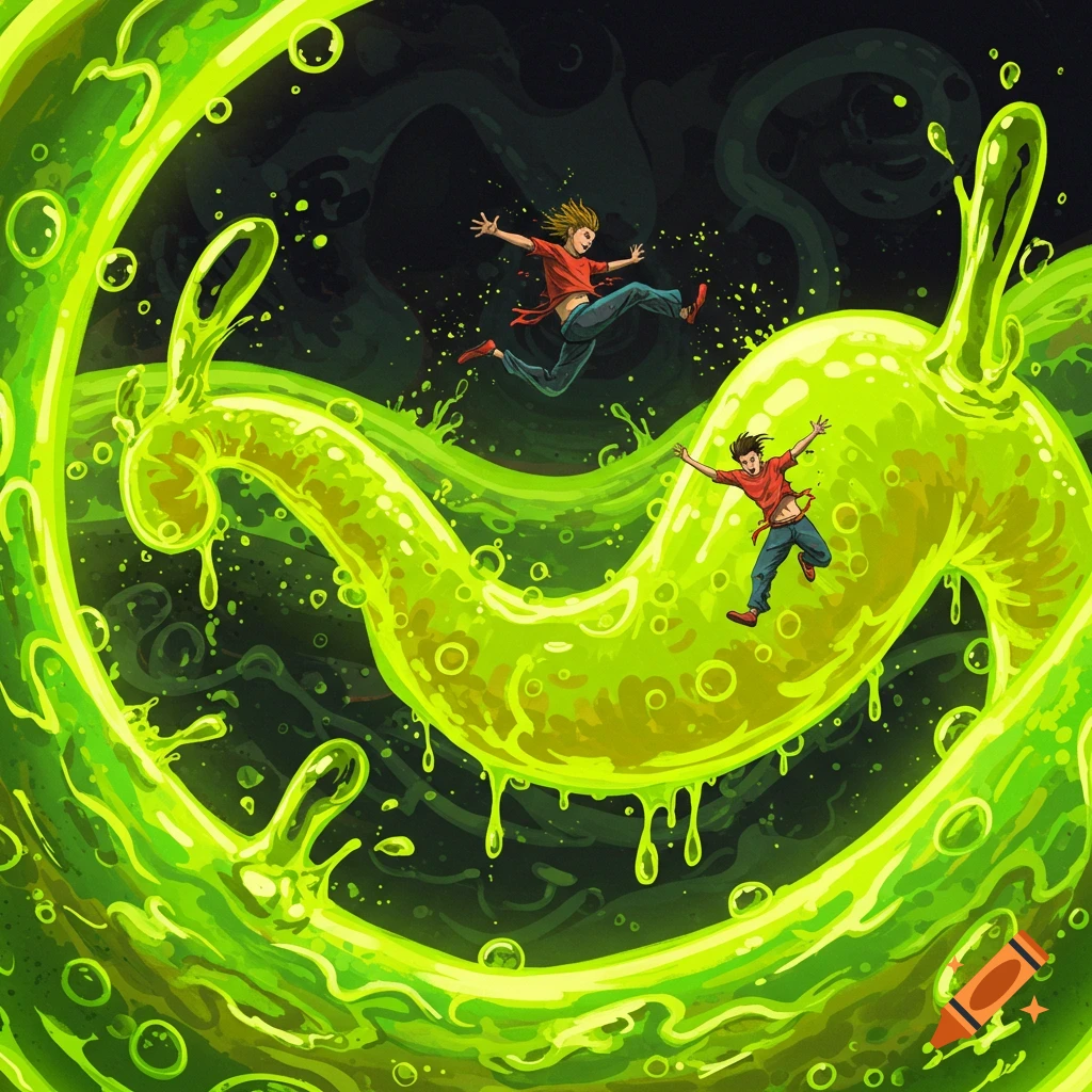 Illustration of two small figures jumping over a swirling green acid mass in a dark void.