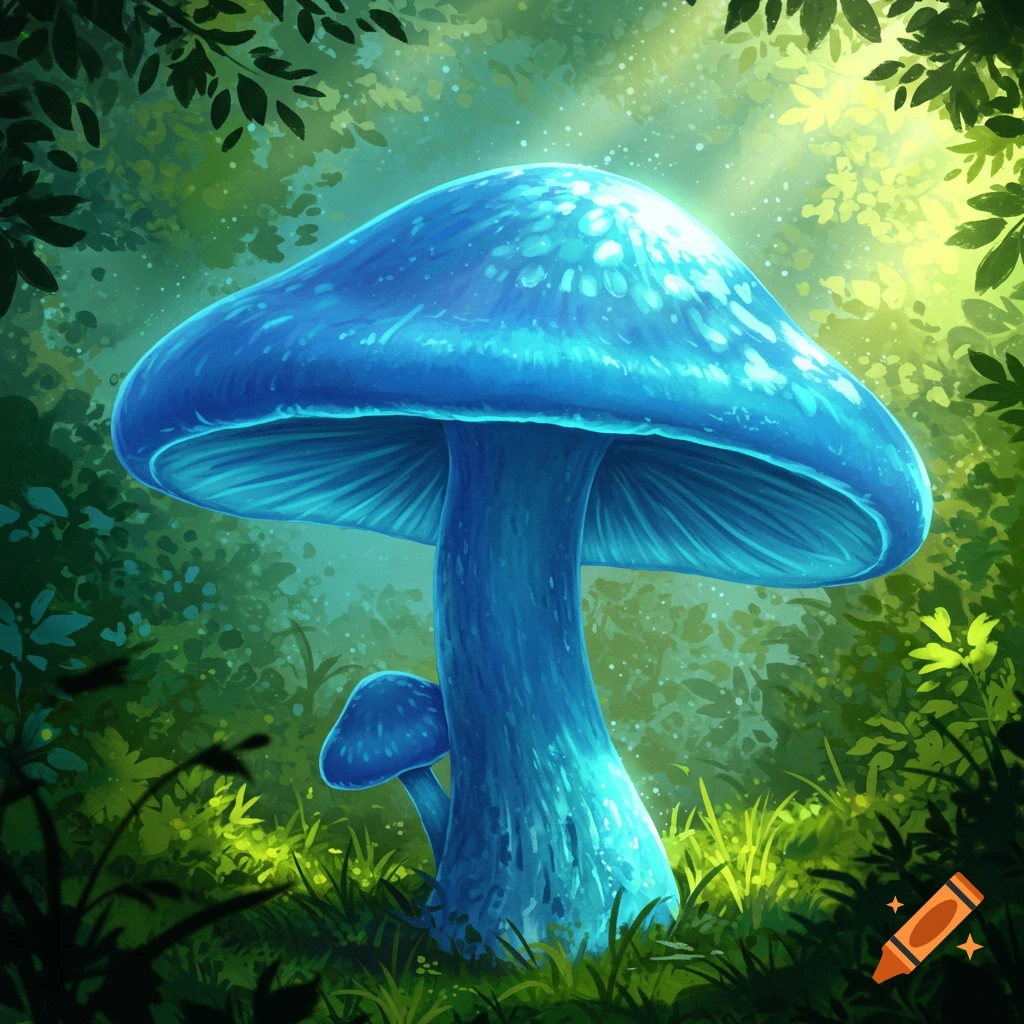 A large blue glowing mushroom with a smaller mushroom beside it in a forest clearing.