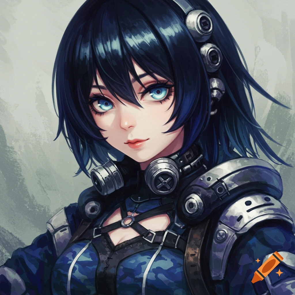 An anime girl with black-blue hair and blue eyes is wearing a dieselpunk outfit.