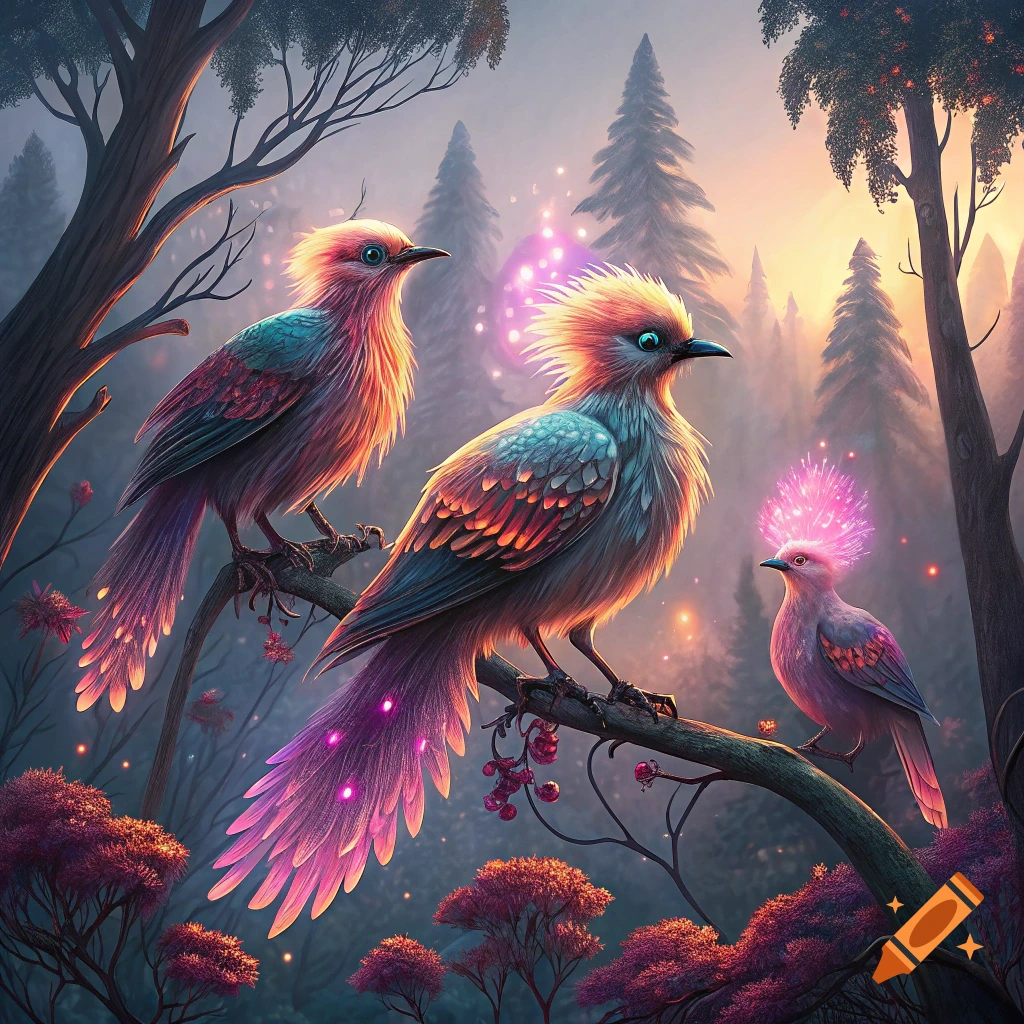 Three colorful, fantastical birds with glowing feathers perch on a branch in a mystical forest with sparkling lights