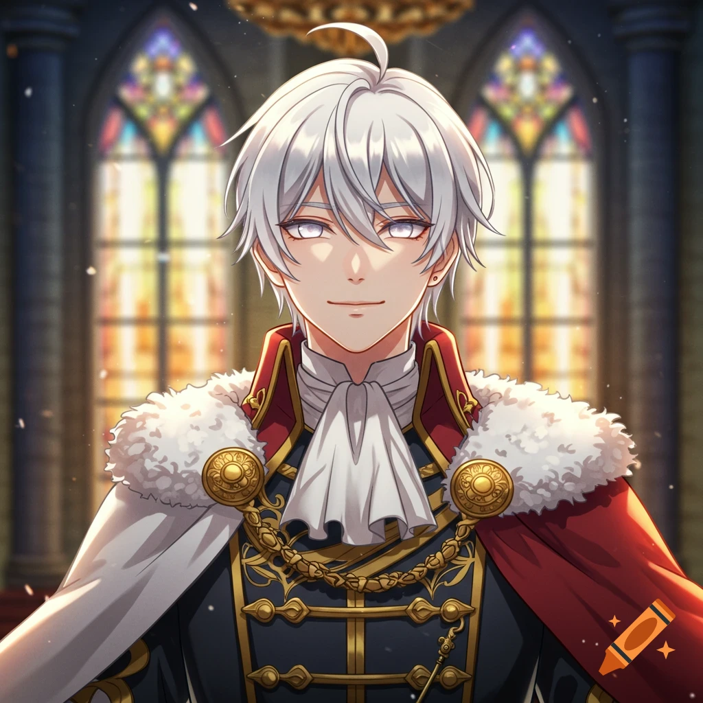 Anime male prince with white hair and glowing eyes in a regal outfit stands before stained glass windows.