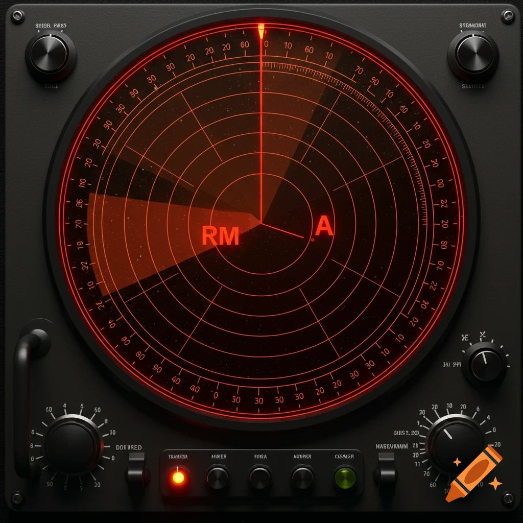 Close-up of a dark, red radar display with glowing text "RM" and "A", surrounded by knobs and labels.
