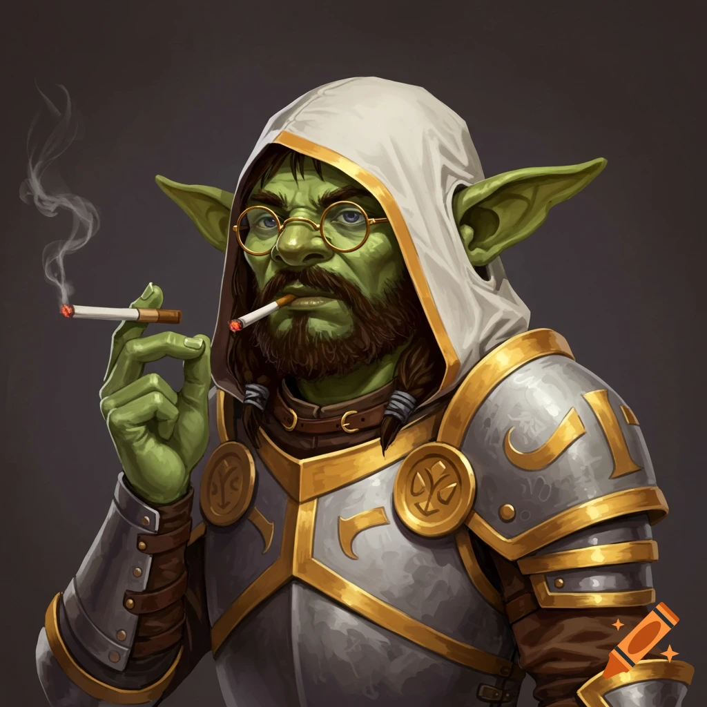 A green goblin in armor, glasses, and a hood, smoking a cigarette.