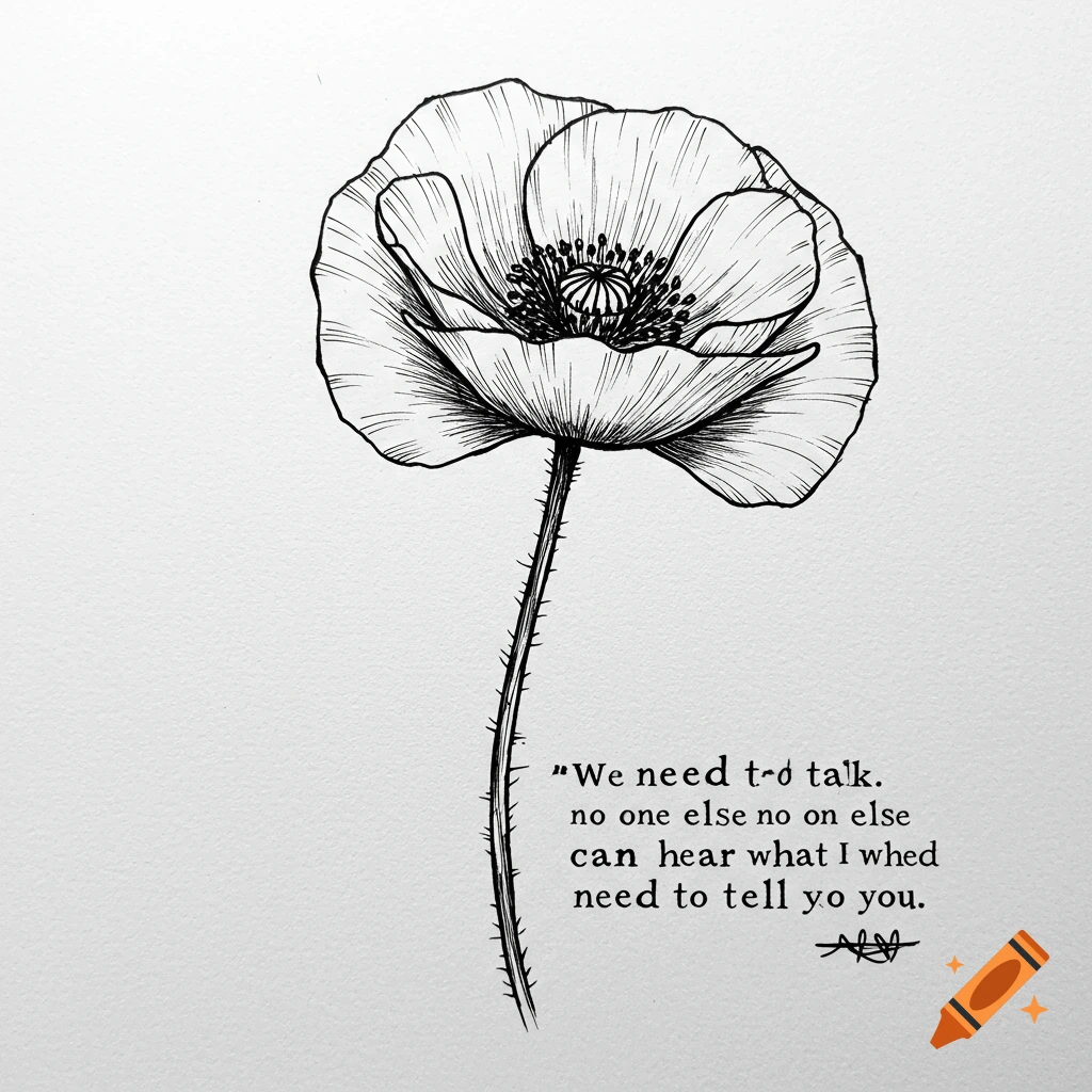Black and white sketch of a poppy flower with text below.