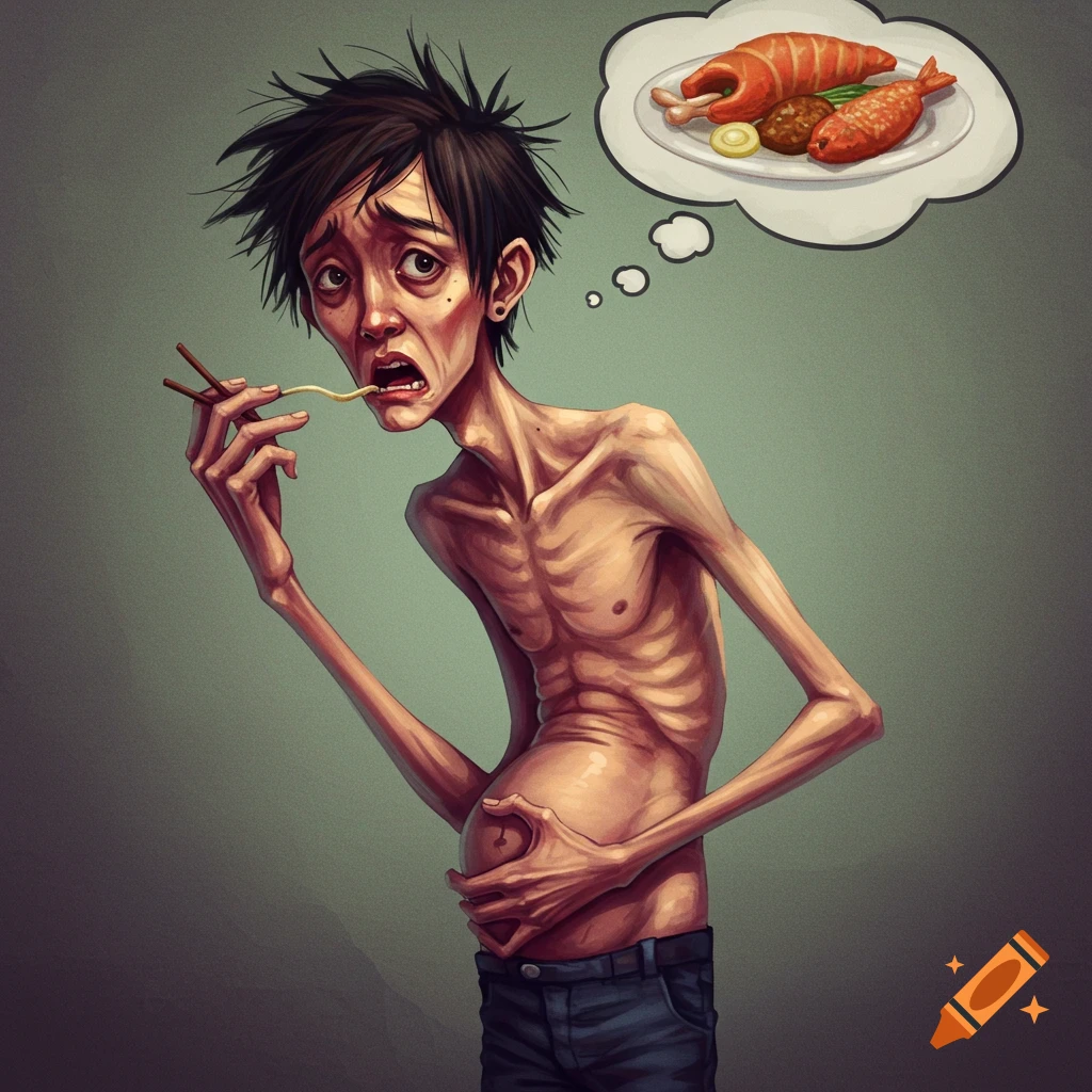 A stylized illustration of an extremely thin person eating a single noodle strand and thinking of a large meal.