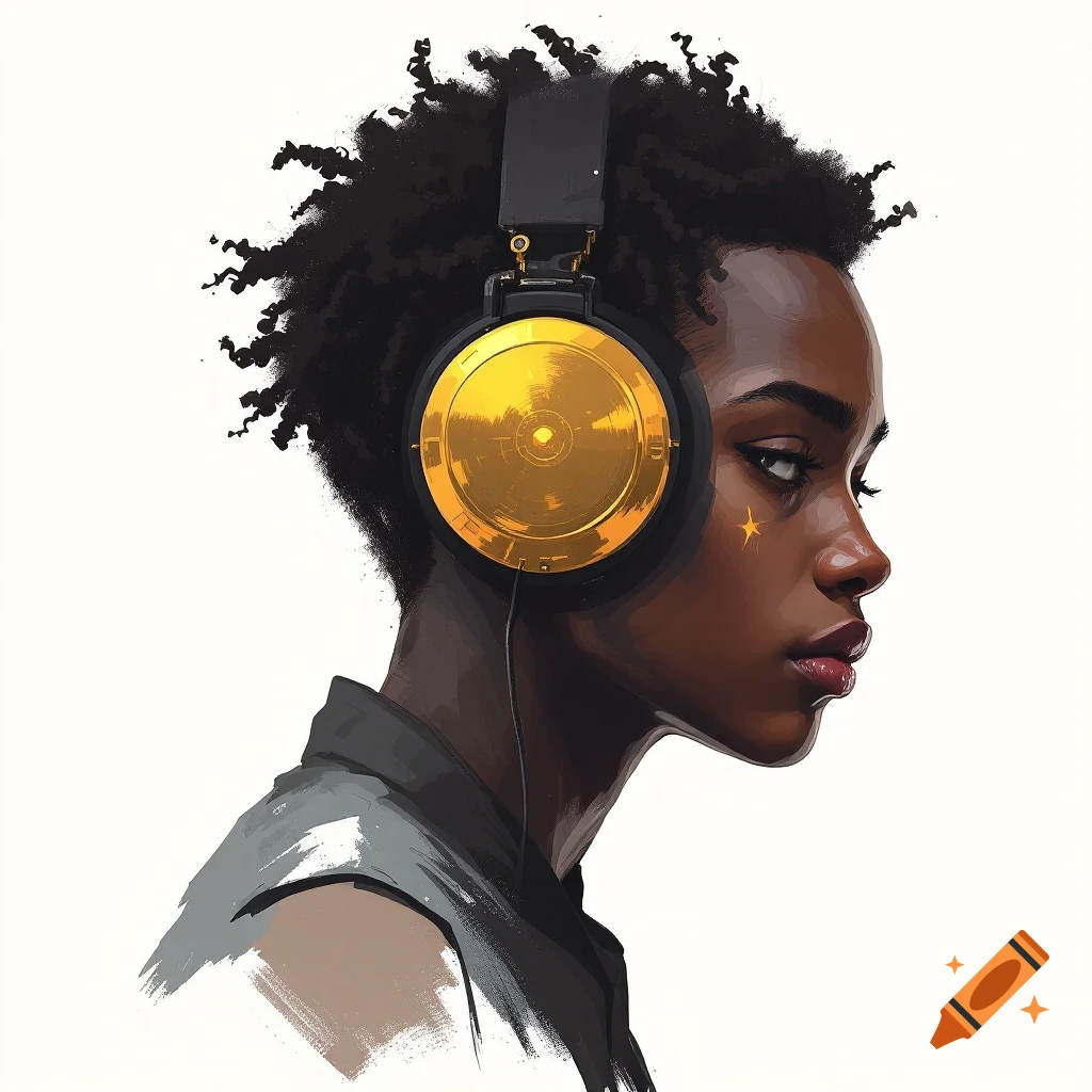 A person wearing large gold headphones in profile view.