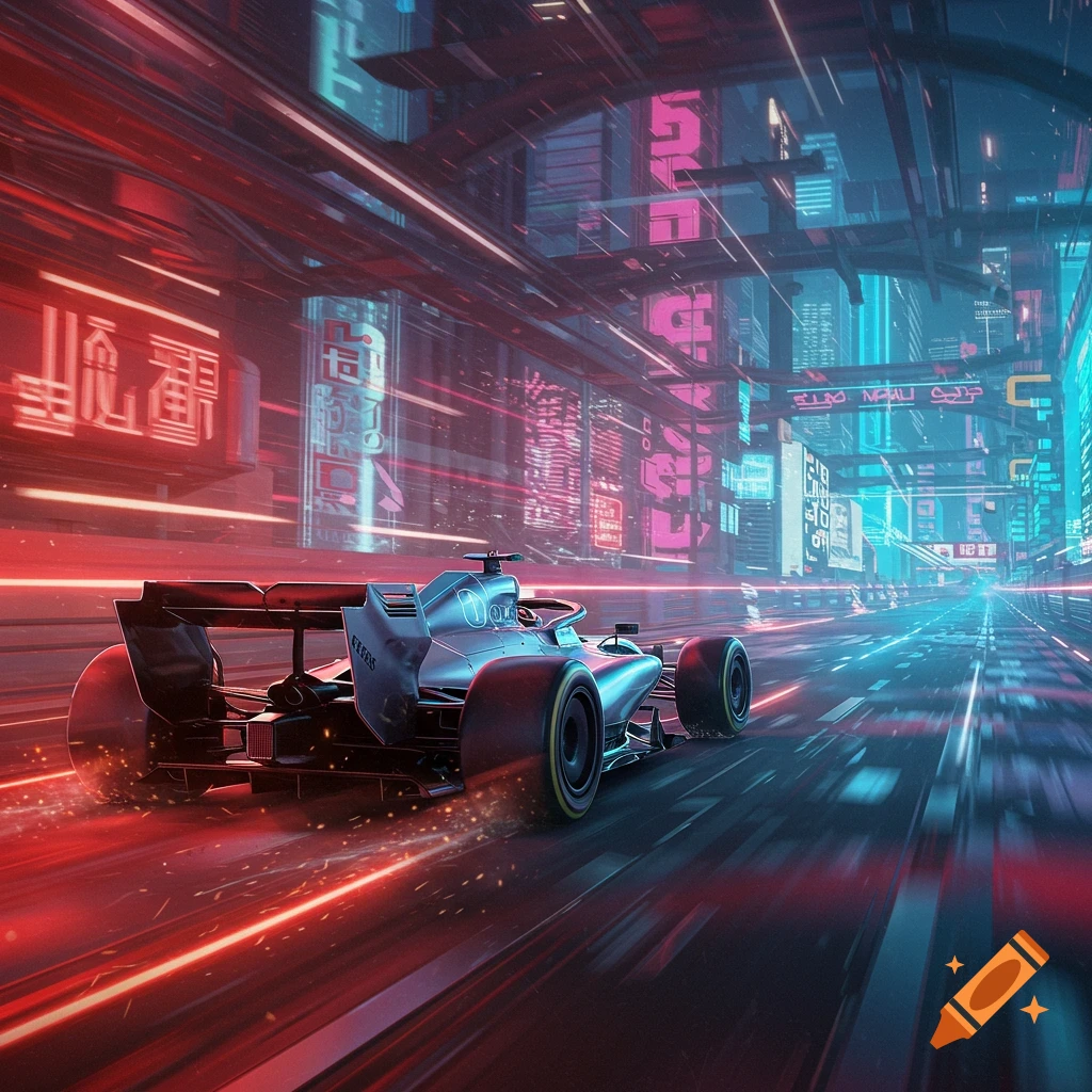 A futuristic silver F1 car racing through a cyberpunk city street at night with neon lights and motion blur.