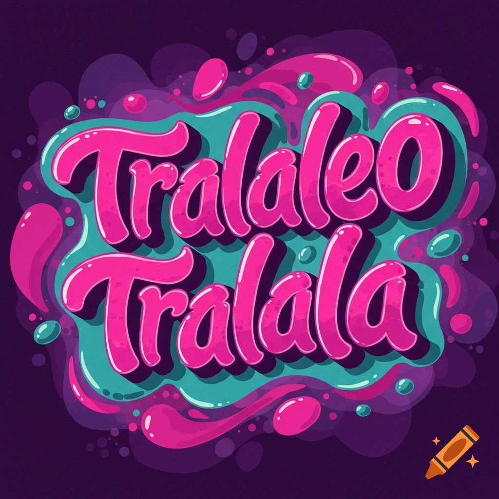 Stylized text 'Tralaleo Tralala' with a colorful liquid splatter background.
