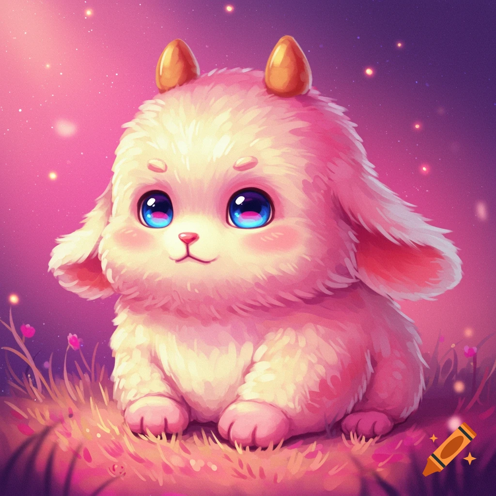 Cute fluffy fantasy creature with horns and big blue eyes sitting in glowing grass