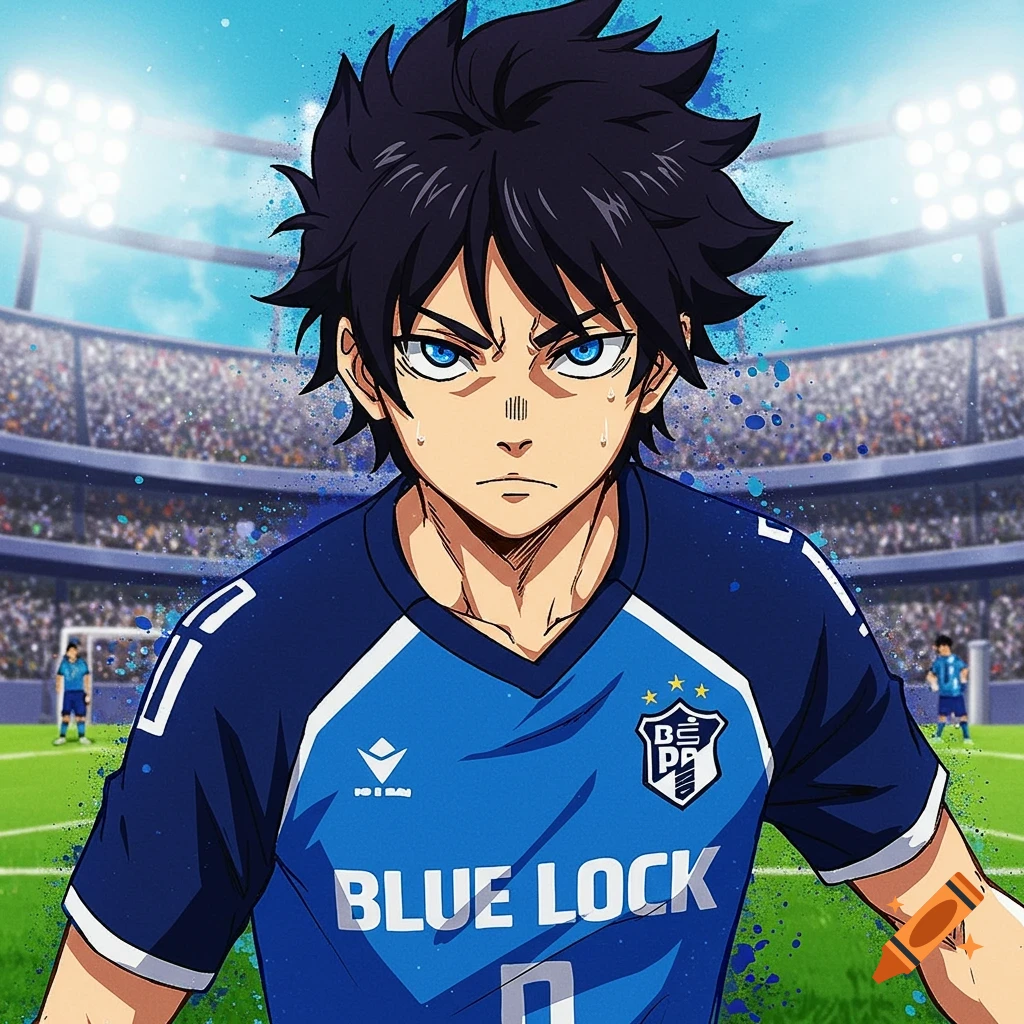 Anime illustration of Rin Itoshi in a blue soccer jersey in a stadium.
