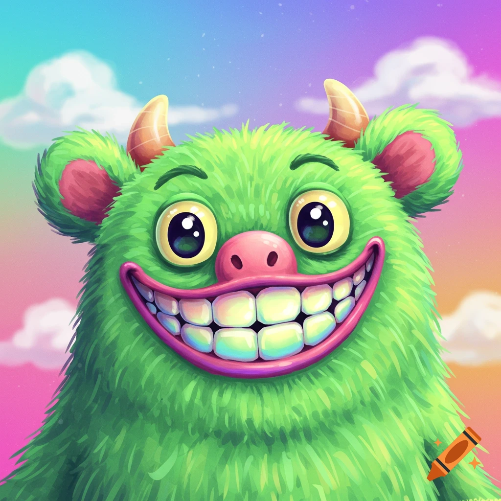 A fluffy green cartoon monster with big eyes and a wide smile against a colorful sky.