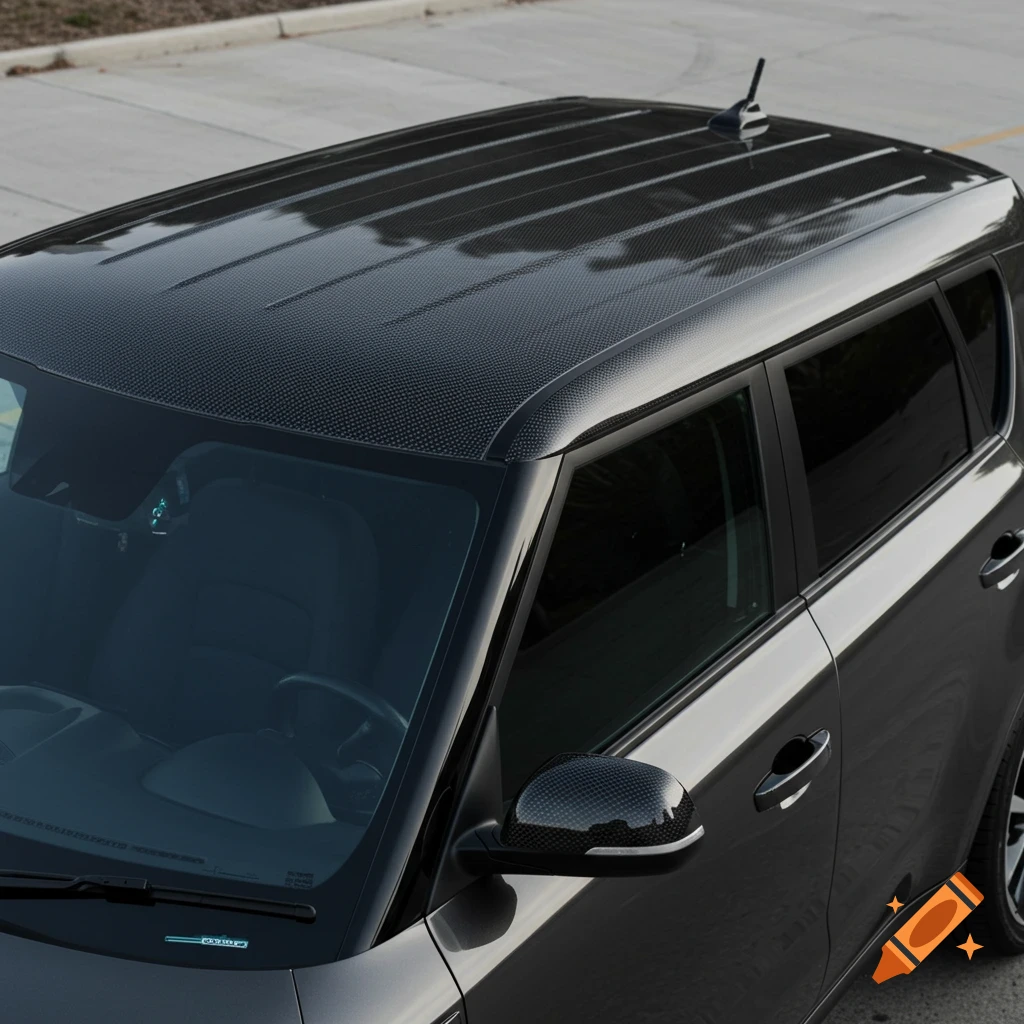 Close-up view of the roof and side of a dark gray Kia Soul with a carbon fiber wrap